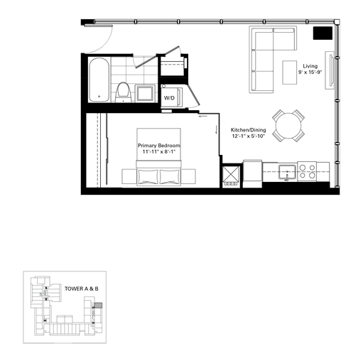 Floor plan for 1 bed, 1 bath, 525 sqft